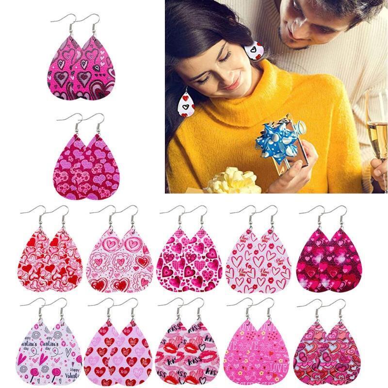 12 Pairs Valentine Day Leather Earrings Women Heart Print Teardrop Earrings Kit