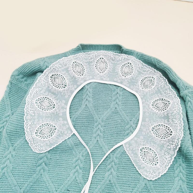 Women Scalloped Trim False Collar Shawl Embroidery Leaves Floral Bow Scarf Cape