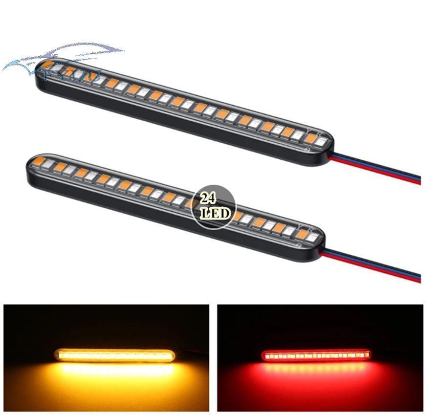 2 x Dual Color Motorcycle Flowing Turn Signal Rear Brake License Plate Light Bar