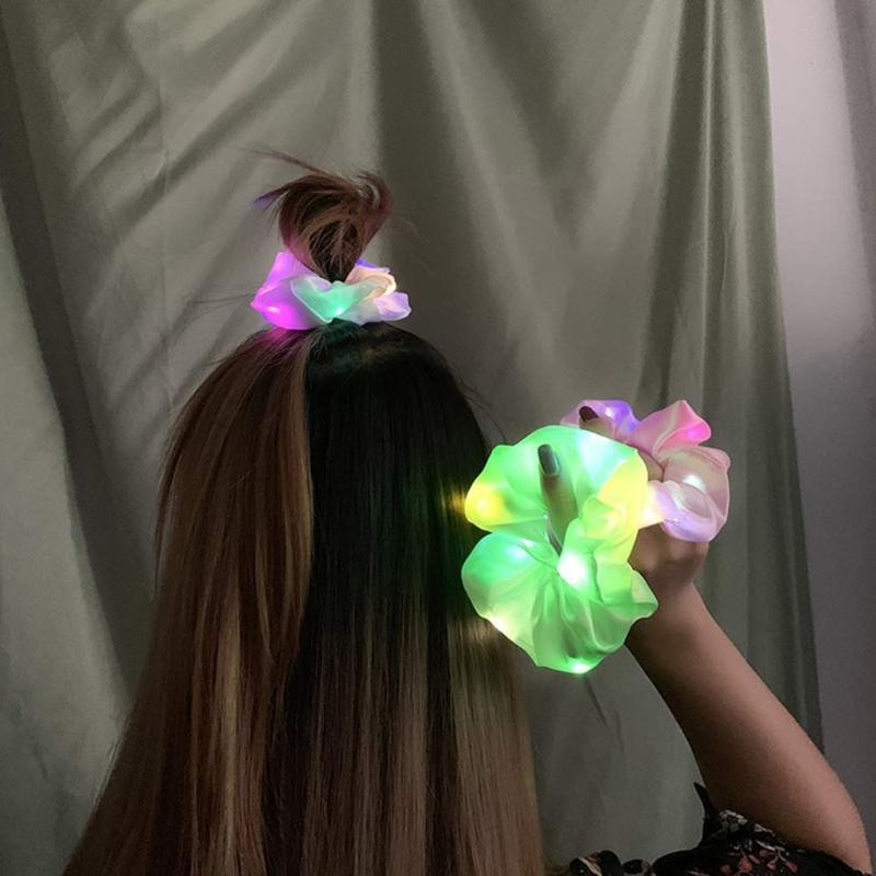 6Pcs LED Light Up Hair Scrunchies Luminous Satin Hair Tie Band Ponytail Holder