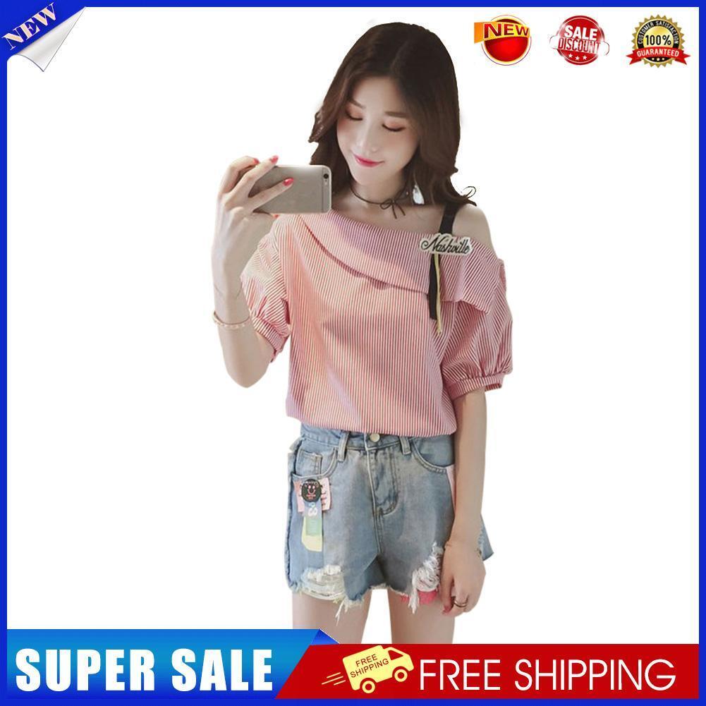 Fashion Women Short Sleeve Stripe Off Shoulder Loose T-Shirts Tops (Pink M)