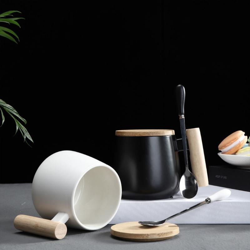 Wooden Handle Ceramic Mug Home Office Tea Milk Coffee Cup with Lid Spoon Teacup