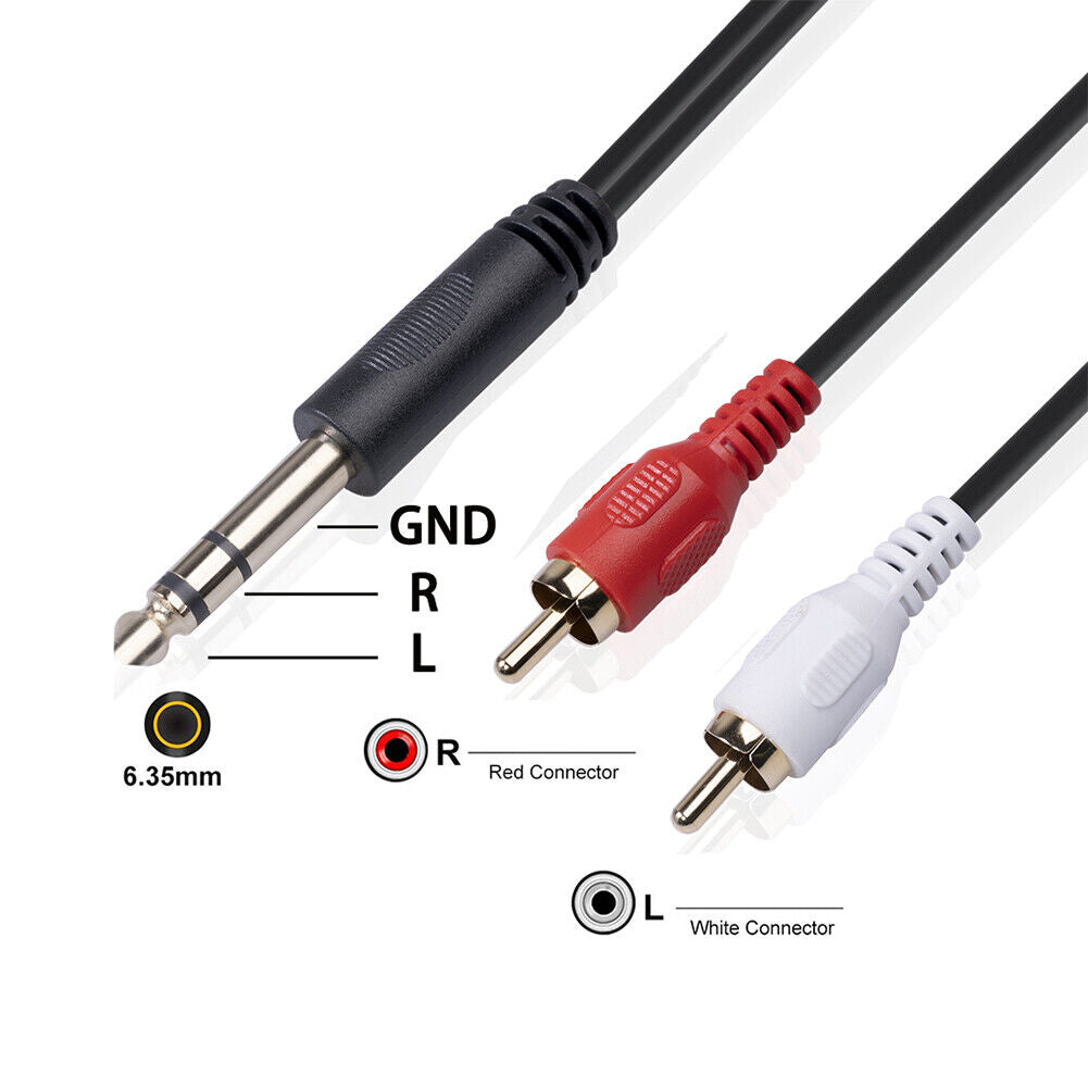 2 RCA to 1/4 inch 6.35mm TRS Stereo Audio Cable Male to Male 1.5m/4.9ft