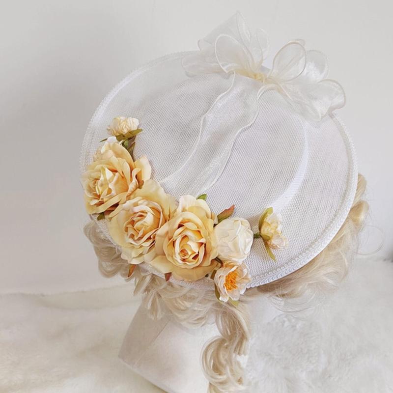 Lolita Flat Top Hat Sweet w/Light Yellow Flowers All-match for Girl Women Accs