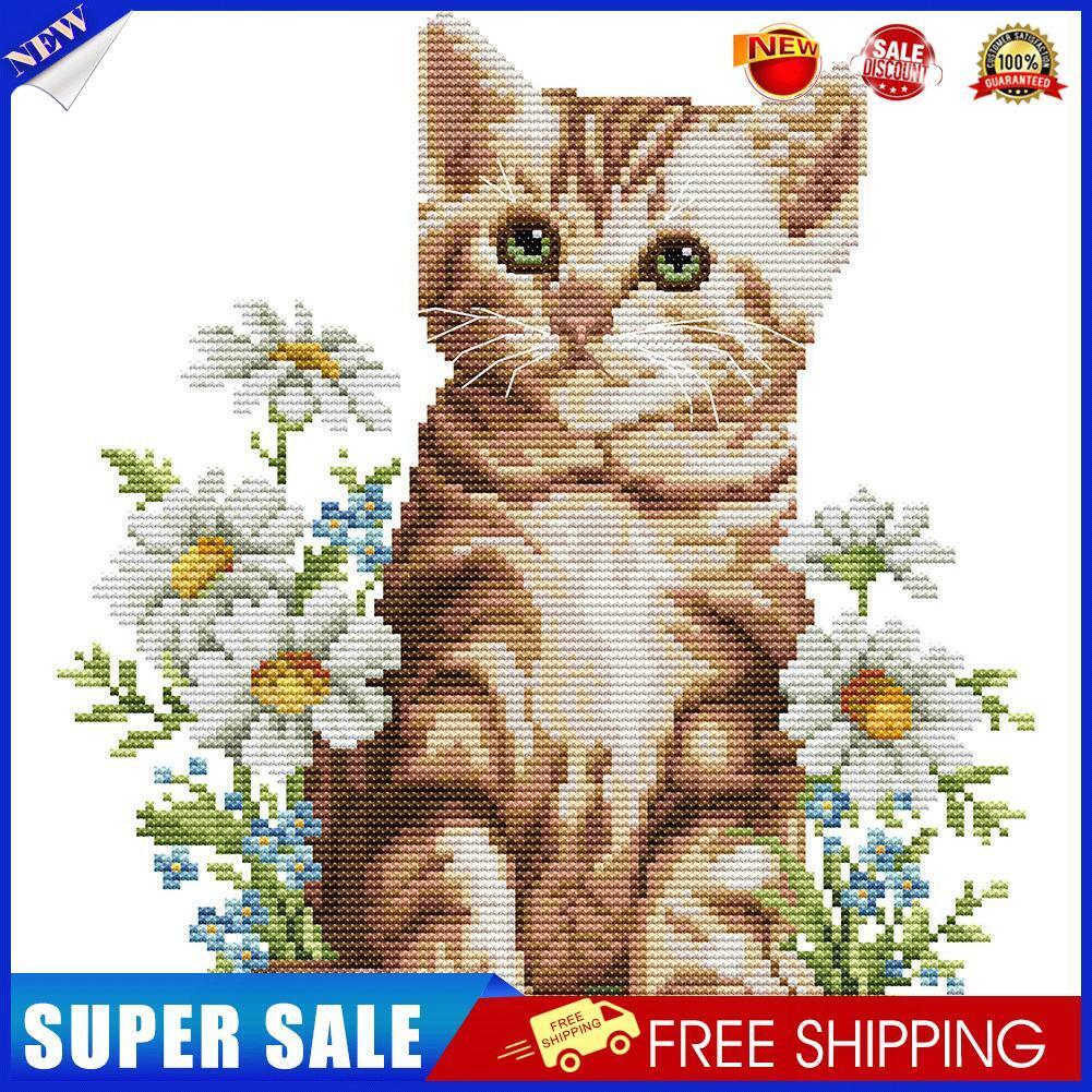 Flower Cat Partial Cross Stitch 14CT Counted Embroidery DIY Animal Crafts