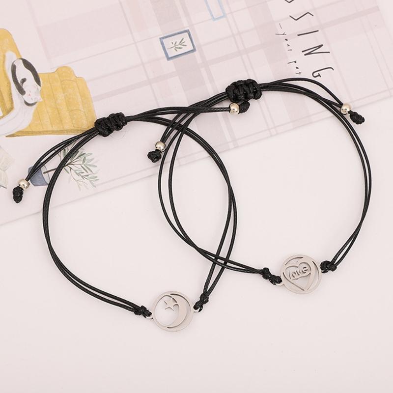 2 Pcs Moon Stars Love Woven Bracelet Set Best Friend Matching Jewelry Gift