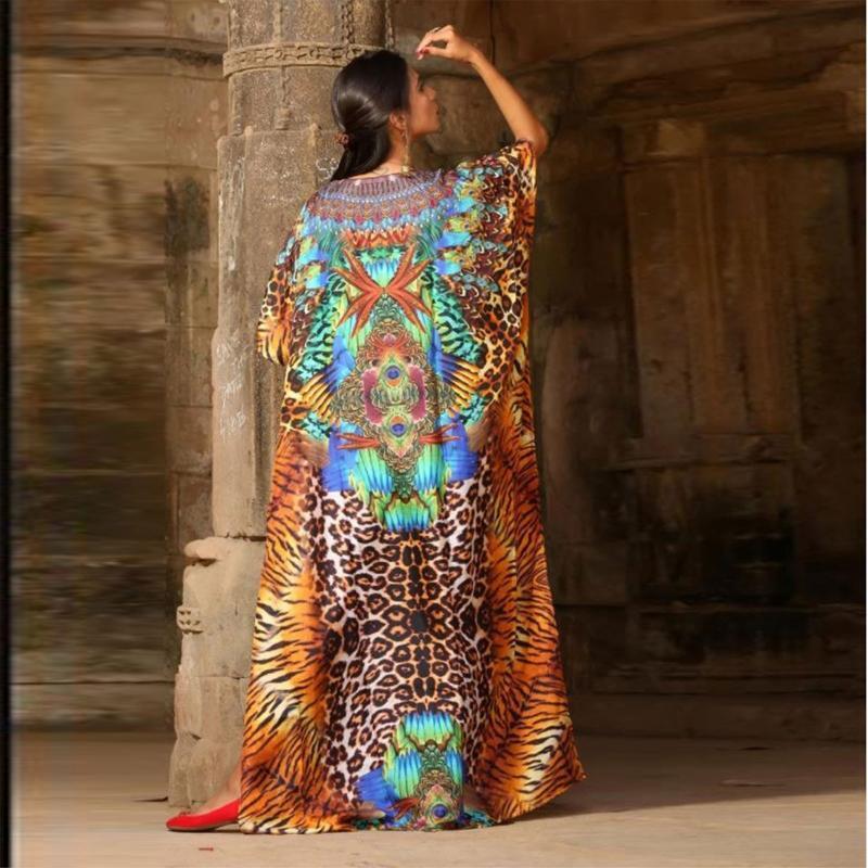 Women Middle East Kaftan Robe Beach Dress Boho Leopard Print Swimsuit Cover Up