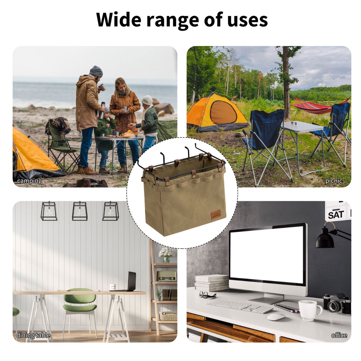 Camping Table Side Storage Bag Multifunction Canvas Bag with Hook (Khaki)