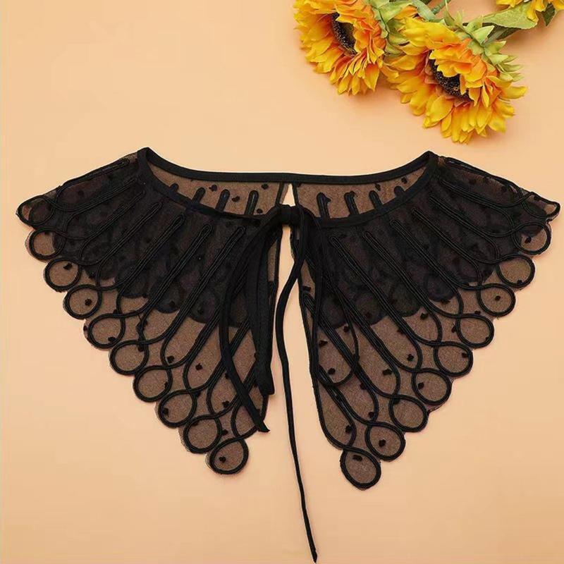 Women Emboridery Twist Striped Dot Collar Sheer Shawl Shrug Lace-Up Scarf Cape