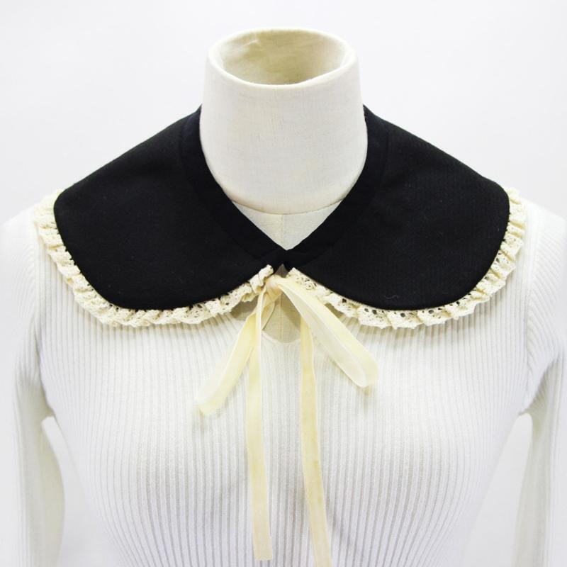 Women Faux Wool False Collar Shawl Sweet Ruffled Lace Trim Bow Scarf Neck Warmer