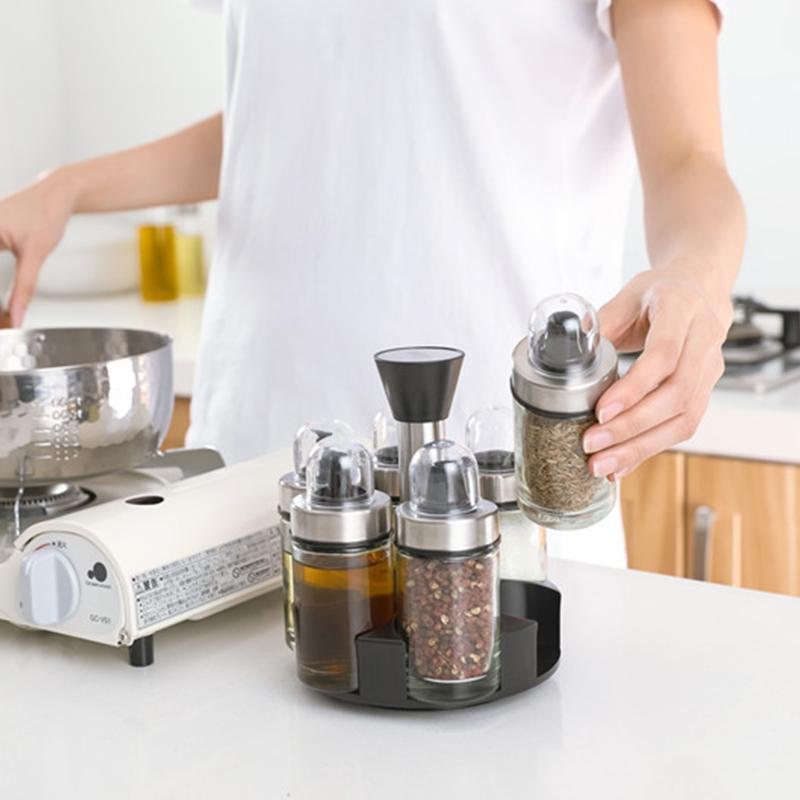 360° Rotation Spice Jar Holder with 6 Empty Bottle Salt Soy Sauce Dispenser Rack