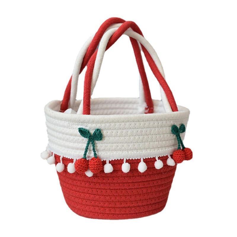 Handmade Cute Cherry Portable Small Bag Cotton Thread Straw Woven Bag