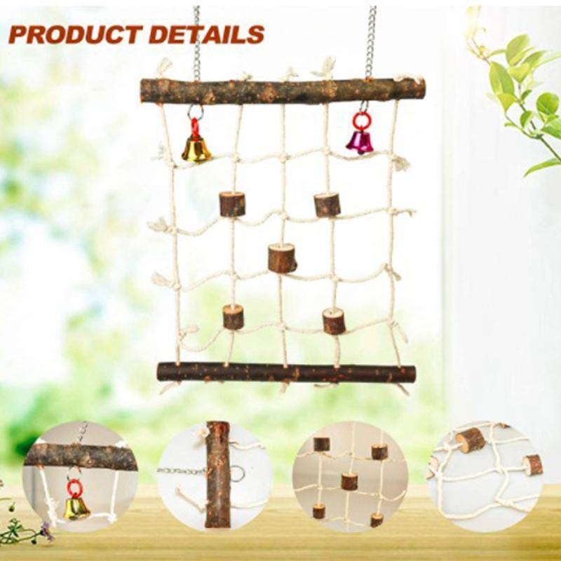 Bird Climbing Rope Net Hanging Ladder Wooden Chew Blocks Bells Chewing Stones