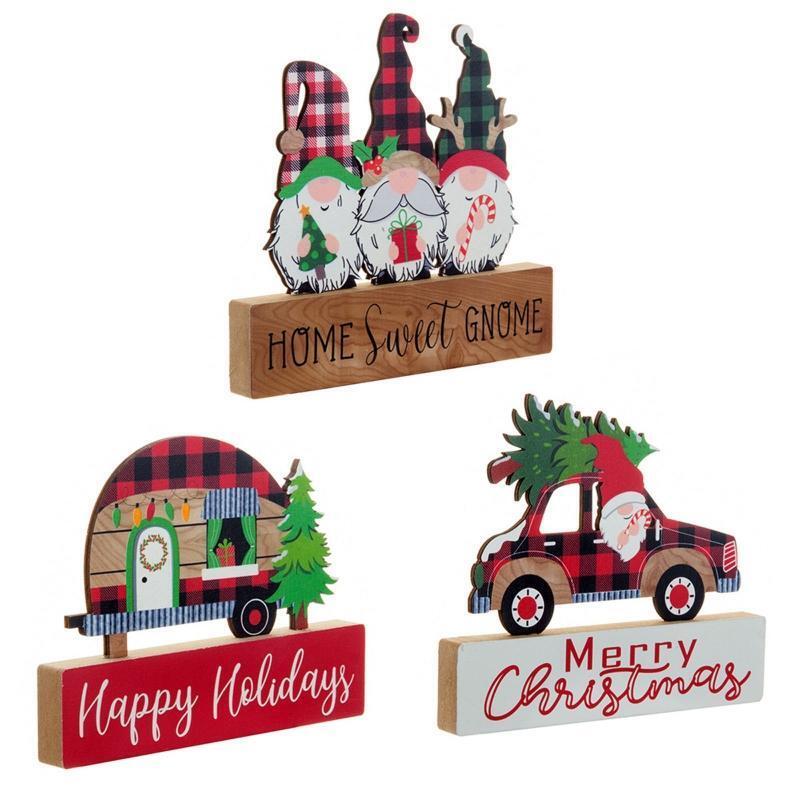 Christmas Wood Ornaments Set of 3 Gnome Elf Decoration New Year Holiday Decor