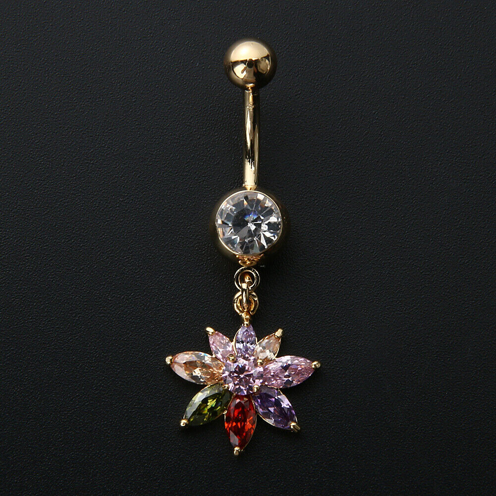 Personalized Flower Delicate Zircon Navel Umbilical Belly Ring (Colorful)