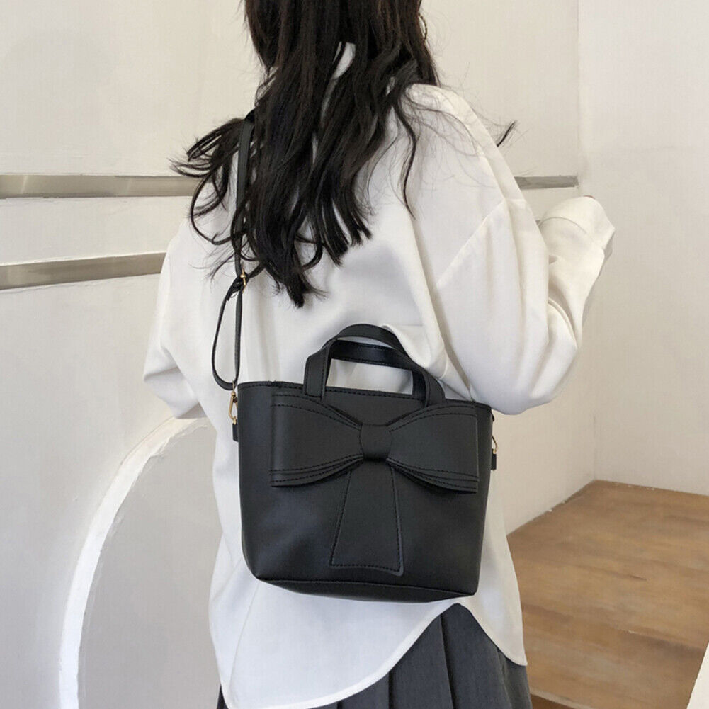 PU Leather Bowknot Bucket Shoulder Bag Women Leisure Large Handbag (Black)