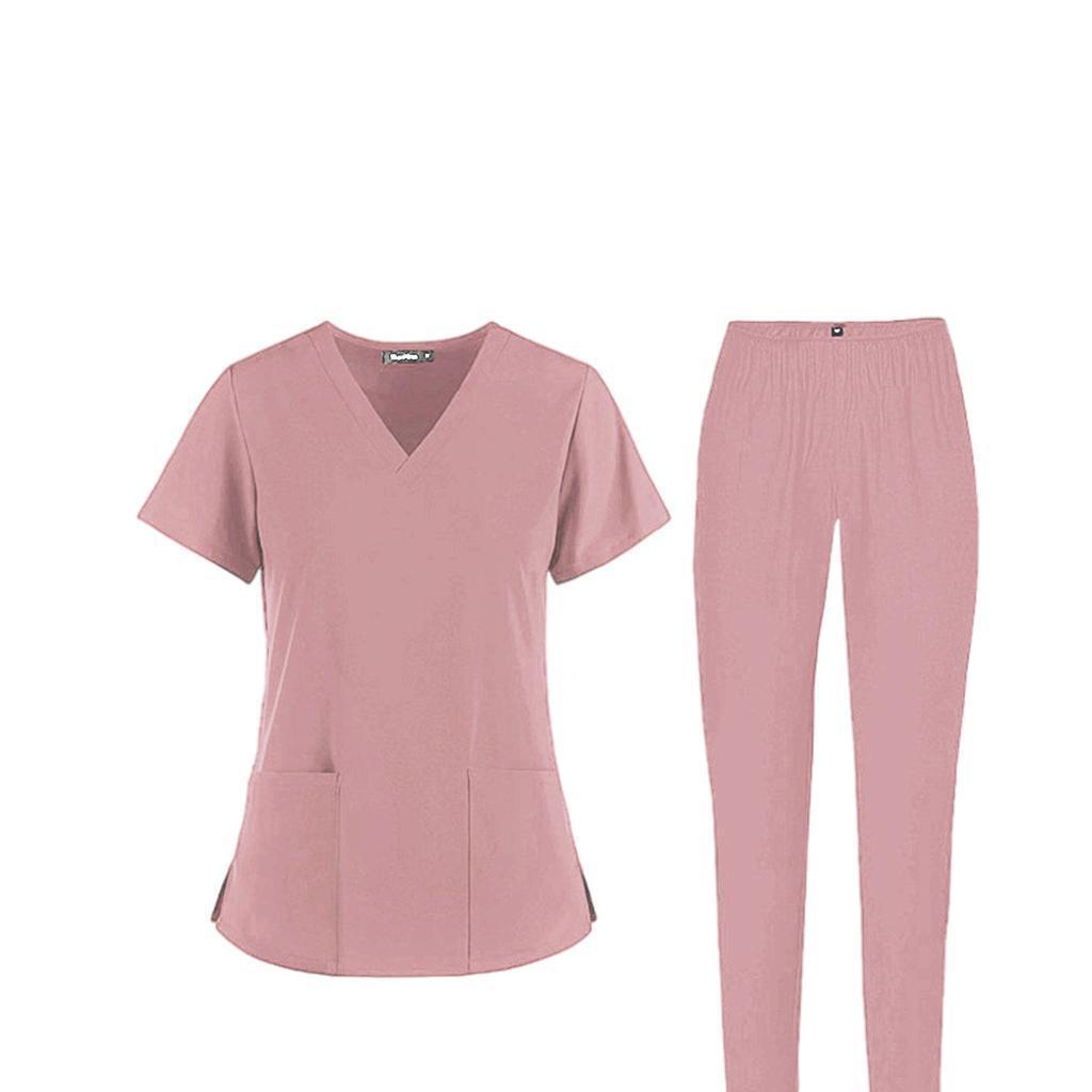 V Neck Nursing Scrub Set Women Short Sleeve Top Pants Workwear Spa Uniforms