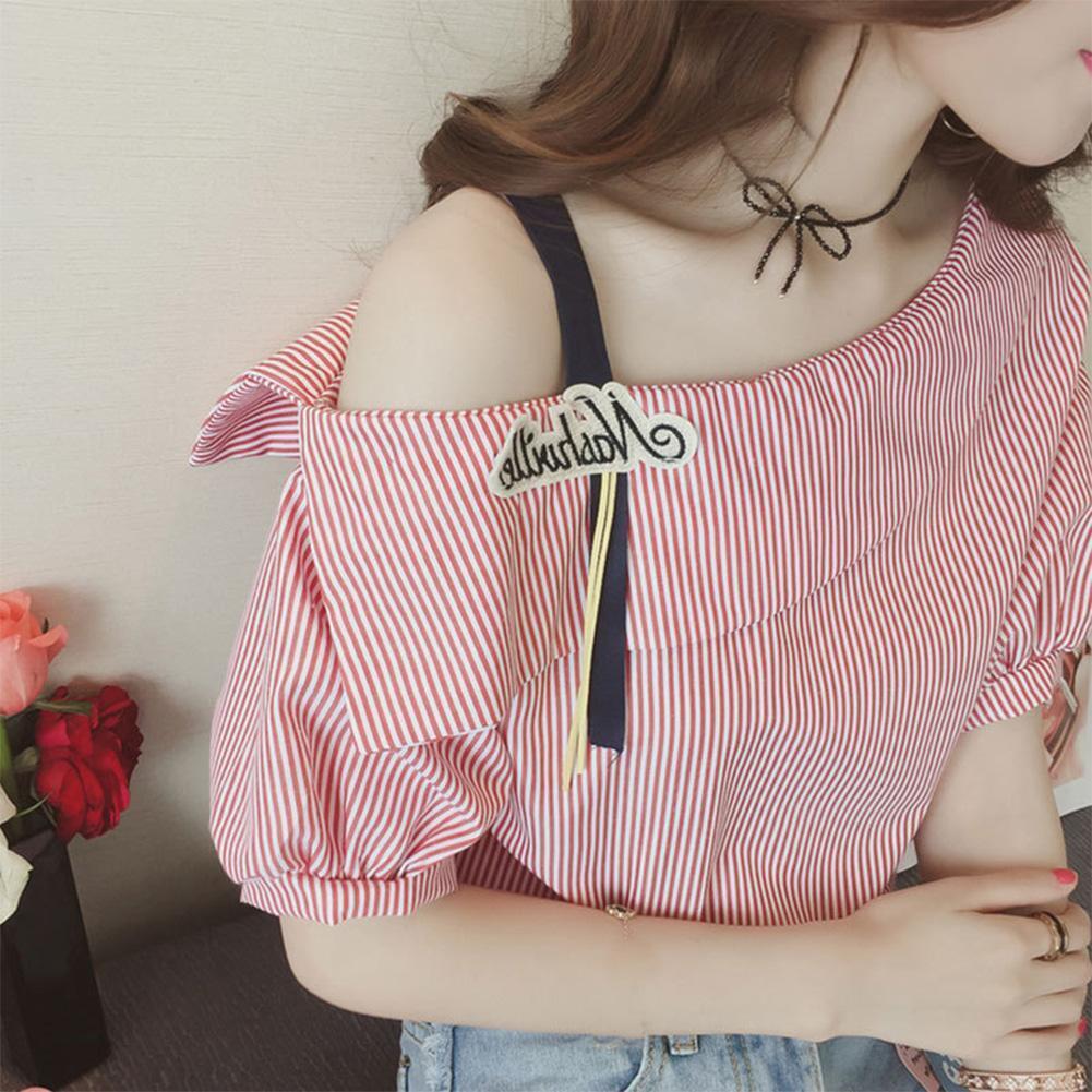 Fashion Women Short Sleeve Stripe Off Shoulder Loose T-Shirts Tops (Pink M)