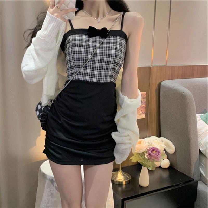 Women Spaghetti Strap Camisole Square Neck Plaid Print Bowknot Crop Top Vest