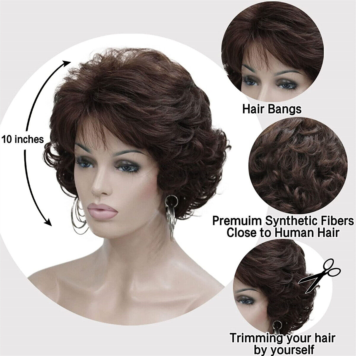 Women Ladies Fashion Short Curly Wig Natural Brown BOB Wavy Hair Wigs with Bangs