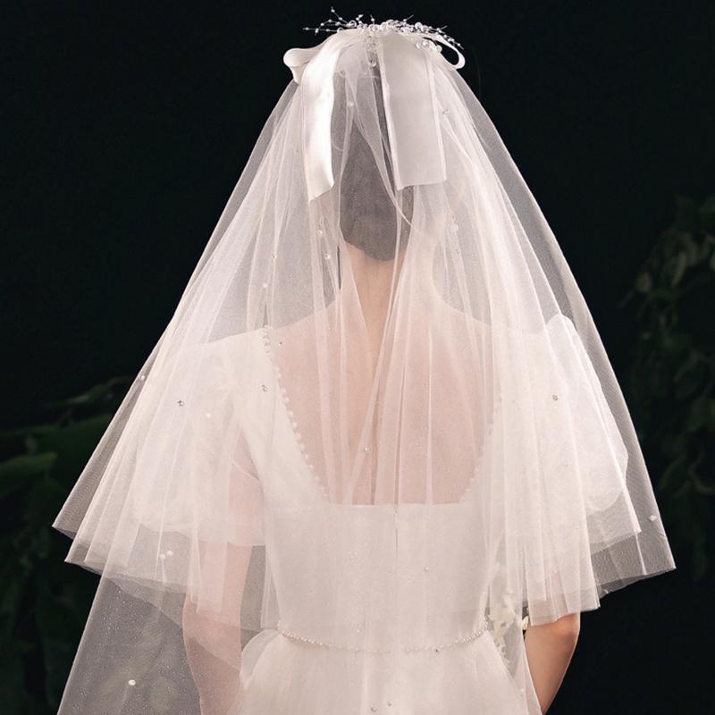 Wedding Bridal Veil with Ribbon Bow Decoration Short Sparkles Sheer Tulle 2 Tier
