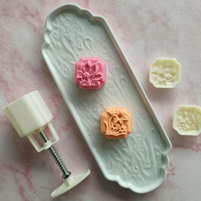 Moon Cake Moulds with 4 Different Stamps DIY Baking Mold for Mid-Autumn Festival