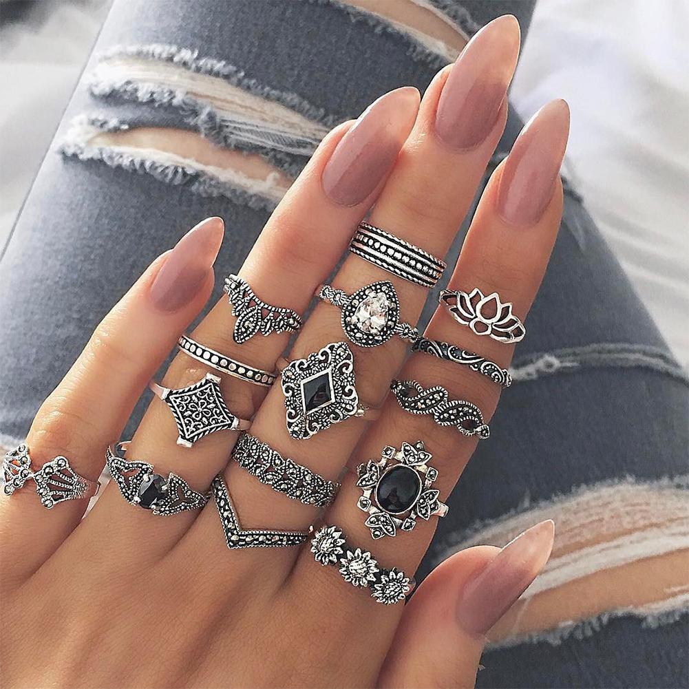 15pcs/set Bohemia Flower Ring Women Geometric Knuckle Finger Rings Jewelry