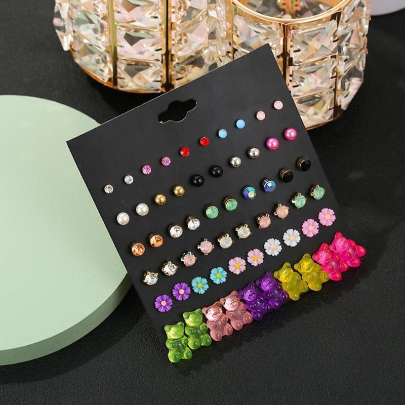 30 Pairs Colorful Cute Bear Flower Crystals Stud Earrings Set for Little Girls