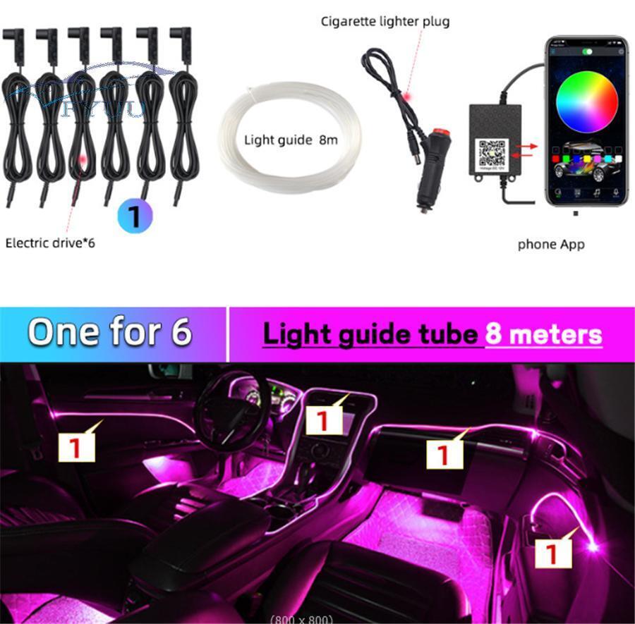 6 In 1 Car Interior LED Ambient Light Fiber Optic Strips Light Music App Control