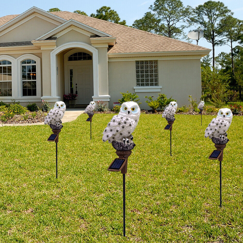 LED Solar Lights Owl Lawn Stakes Lamp Yard Art Home Garden Decor (White)