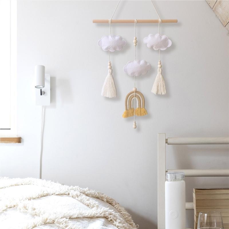 Nordic Rainbow Cloud Shape Wall Hanging Ornament Wooden Stick Tassel Pendant