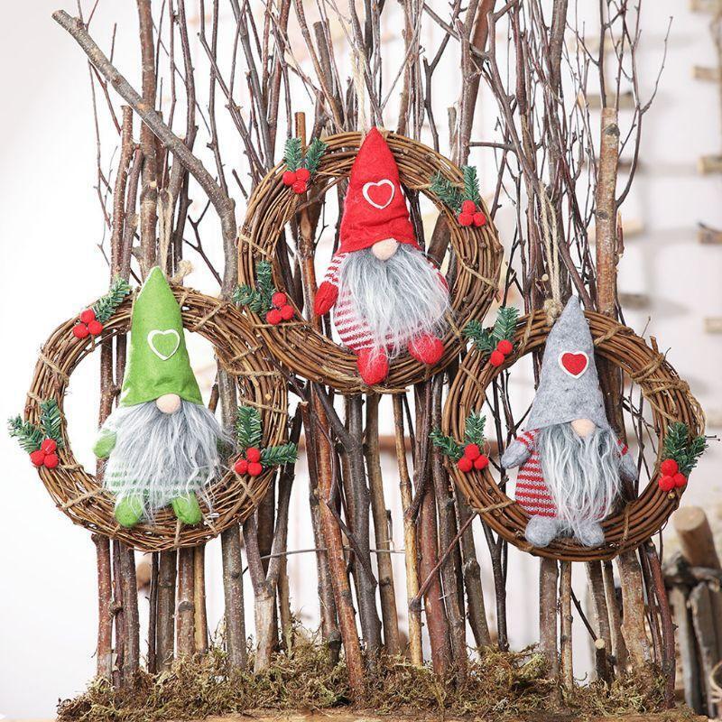3 Pcs Handmade Swedish Tomte Santa Gnome Plush on Rattan Wreath- Scandinavian No