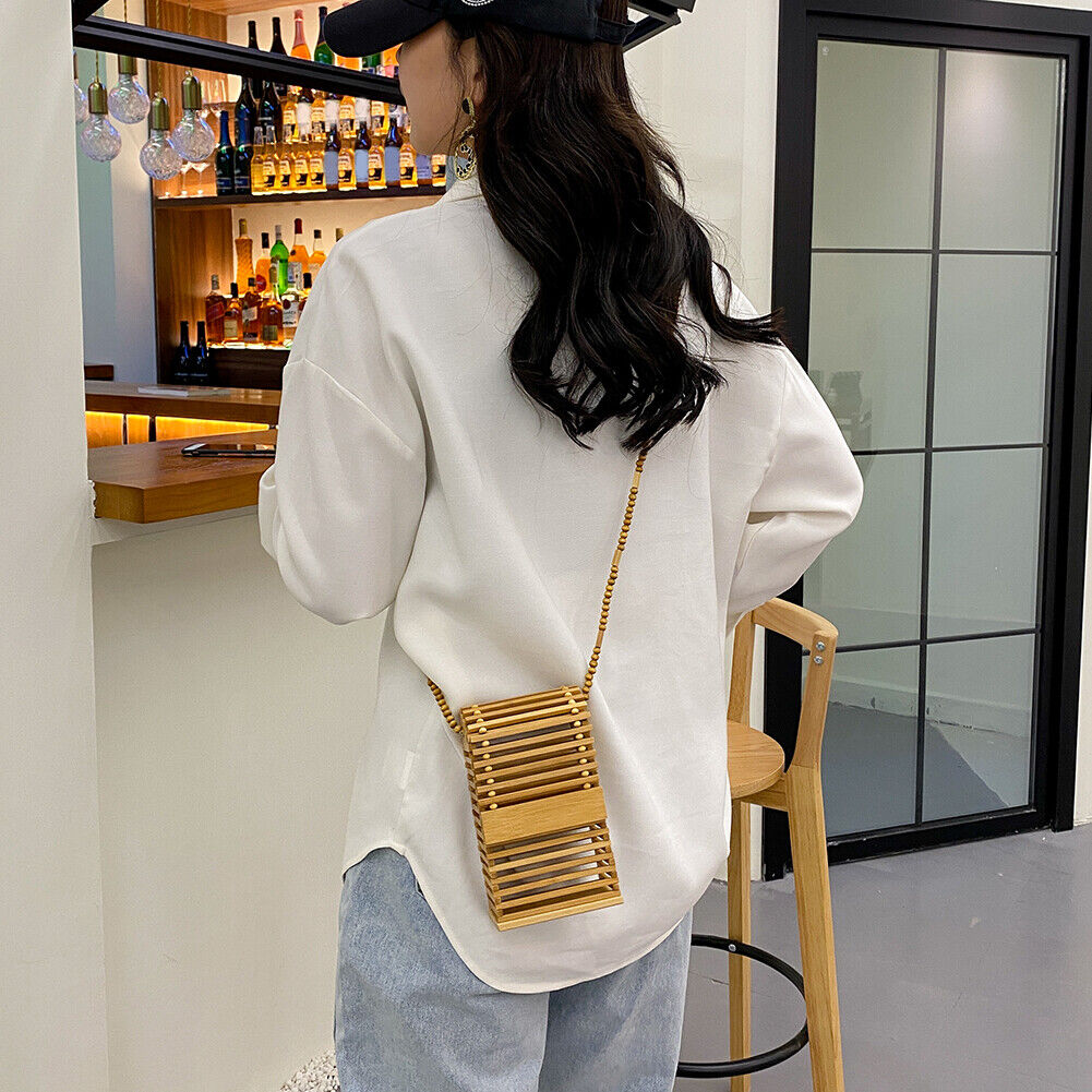 Fashion Women Bamboo Strips Phone Mini Crossbody Shoulder Messenger Bag