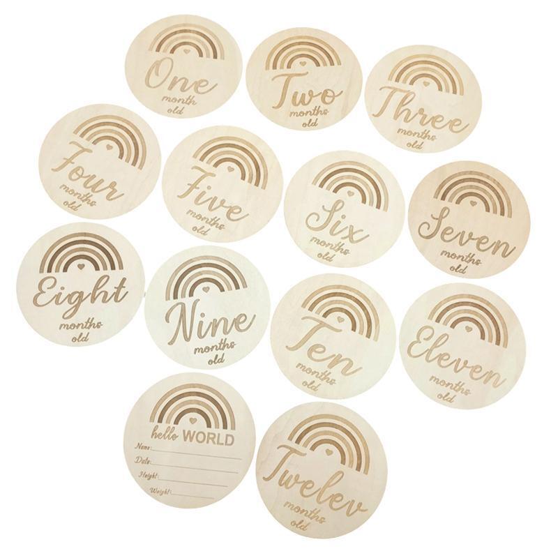 13 Pcs Baby Wooden Cards Newborn Memorial Cards Monthly Recording Birth Cards