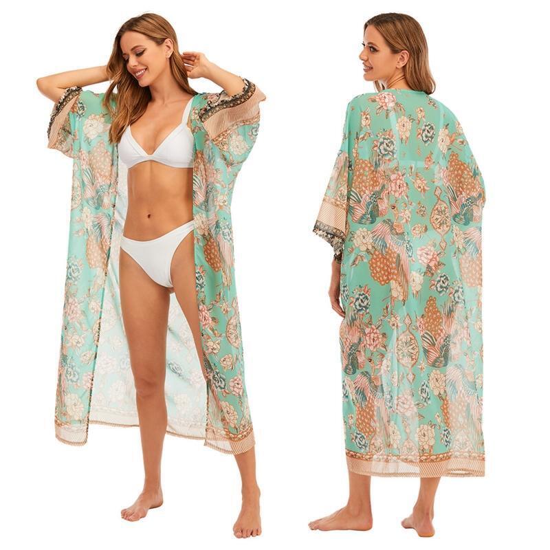 Women Beach Long Kimono Cardigan Peacock Floral Print Chiffon Cover Up Blouse
