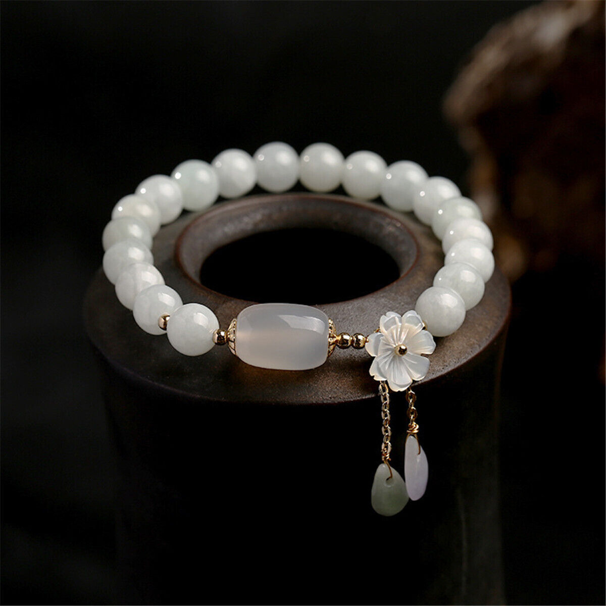 Natural Jade Agate Beads Water Drop Shell Flower Bracelet Bangle Women Jewelry
