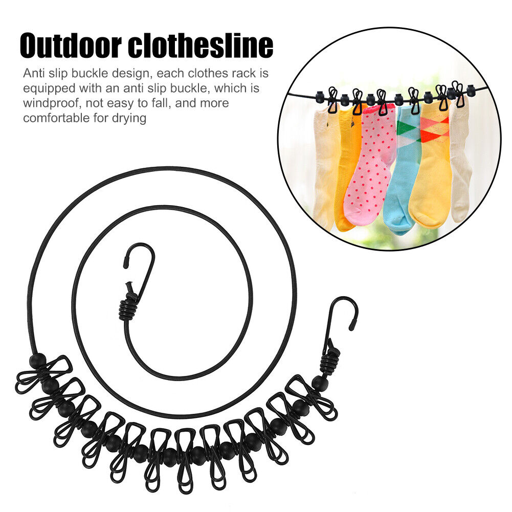 Travel Clothesline w/ 12 Clips Anti Slip Camping Cloth Hanger Rope (Black)