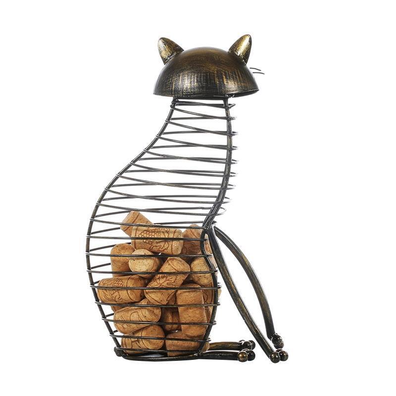 Metal Cat Wine Cork Container Wrought Metal Sculpture Table Decor