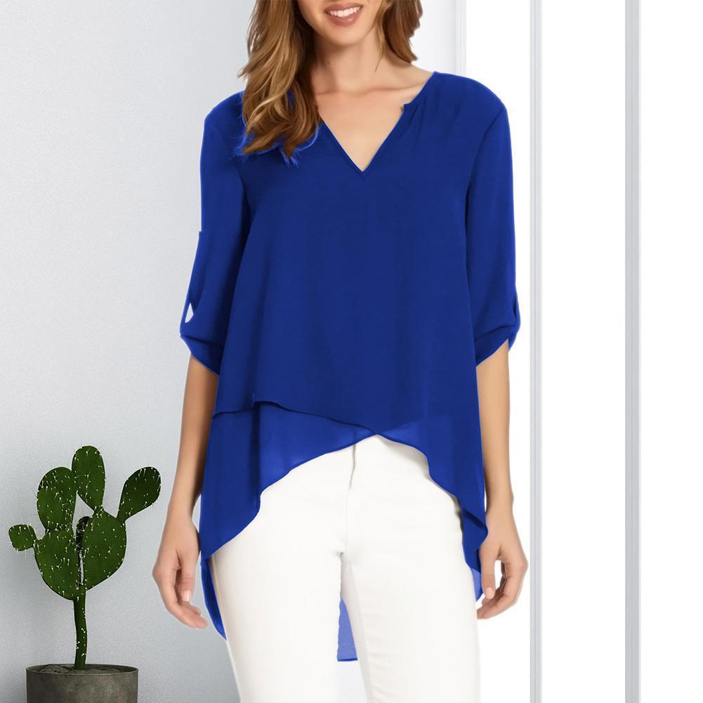 Summer Pure Women Tops 3/4 Sleeve Chiffon Irregular T-shirt (Dark Blue M)