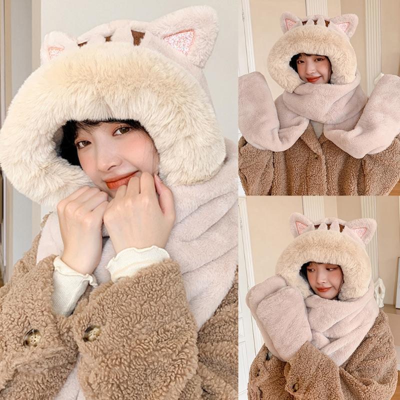 One Piece Scarf Plush Scarf Hooded Hat Winter Hat Scarf Gloves Set Fleece Warm