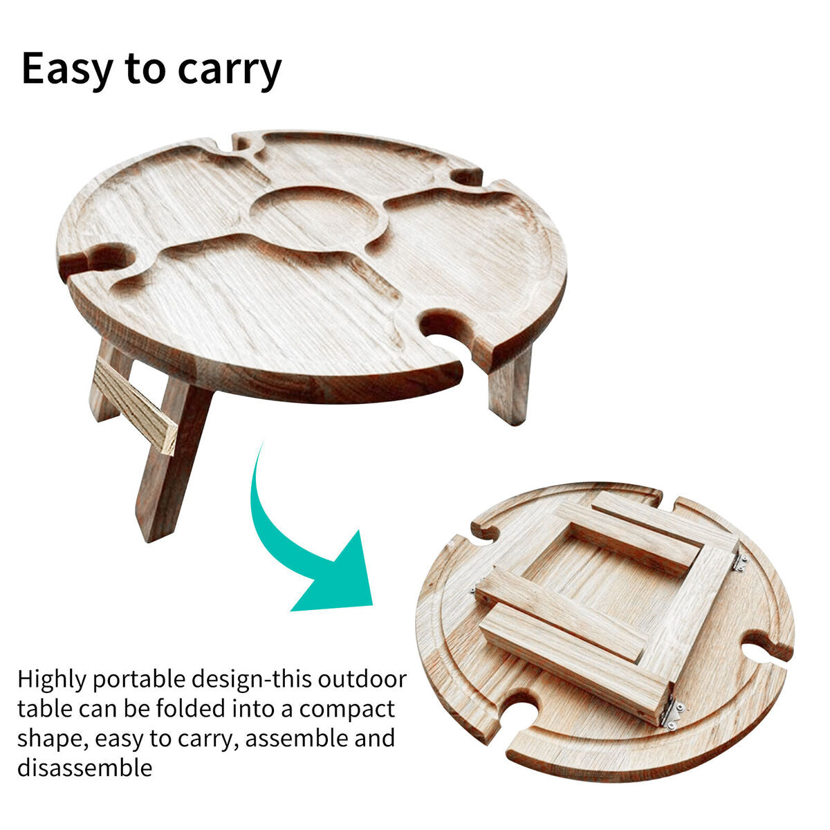 Wine Picnic Table Foldable Snack Table with Wine Bottle and Glass Holder