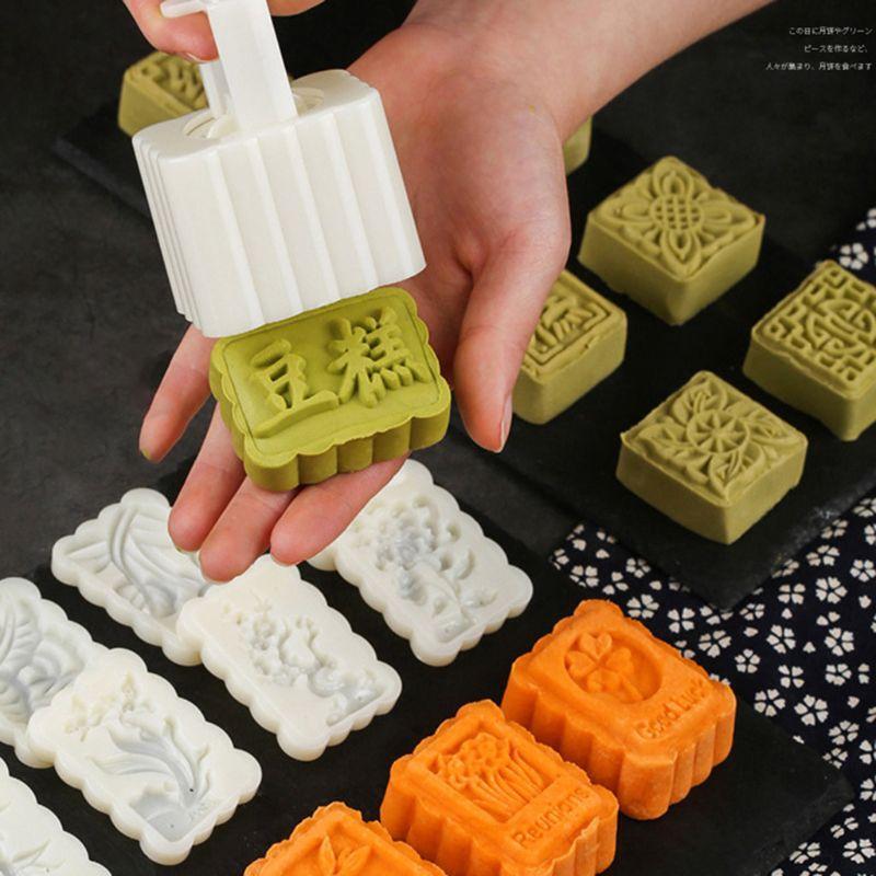 Bean Mooncake Mold with 4pcs Square Flowers Stamps Hand Press Moon Cake Pastry