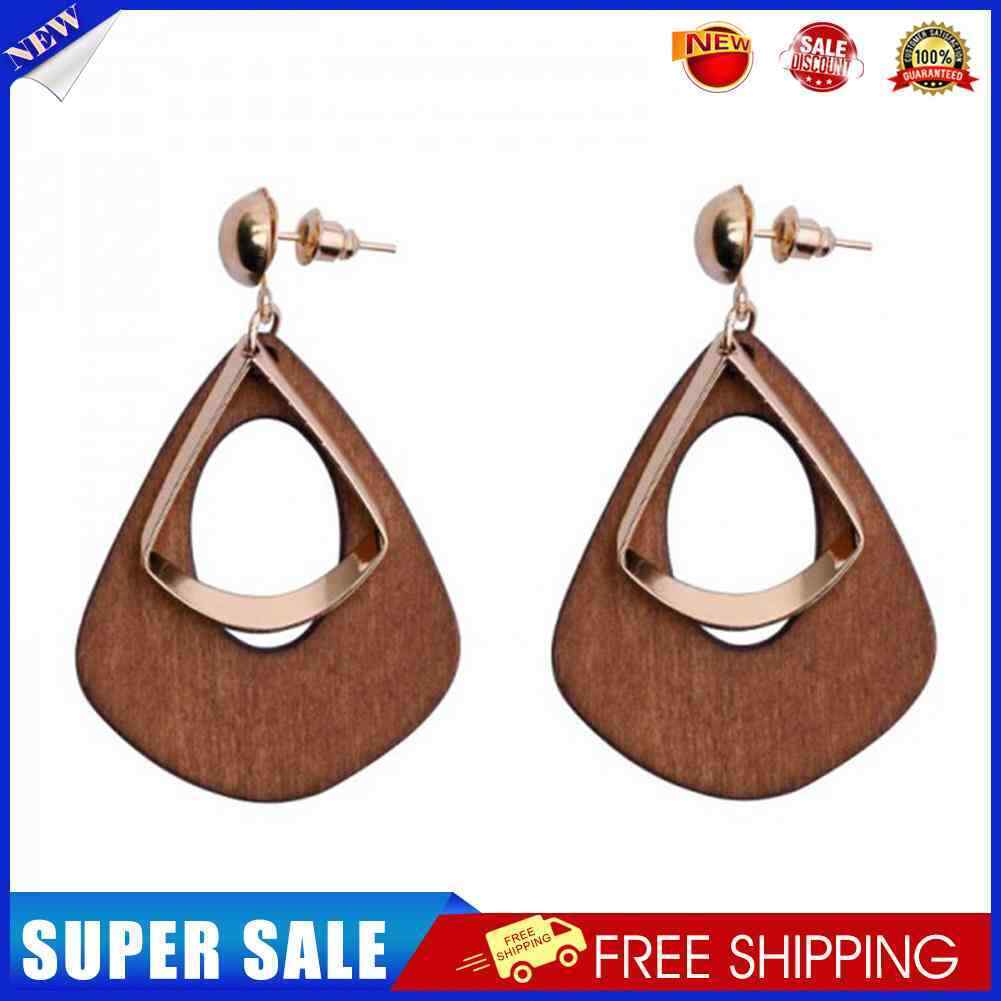 Geometric Hollow Wood Water Drop Dangle Earrings Women Jewelry (Coffee)