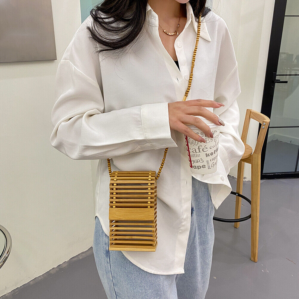 Fashion Women Bamboo Strips Phone Mini Crossbody Shoulder Messenger Bag