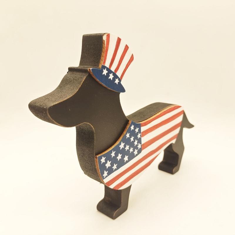 Independence Day Wooden Carved Dog Ornament 4th of July Wood Crafts