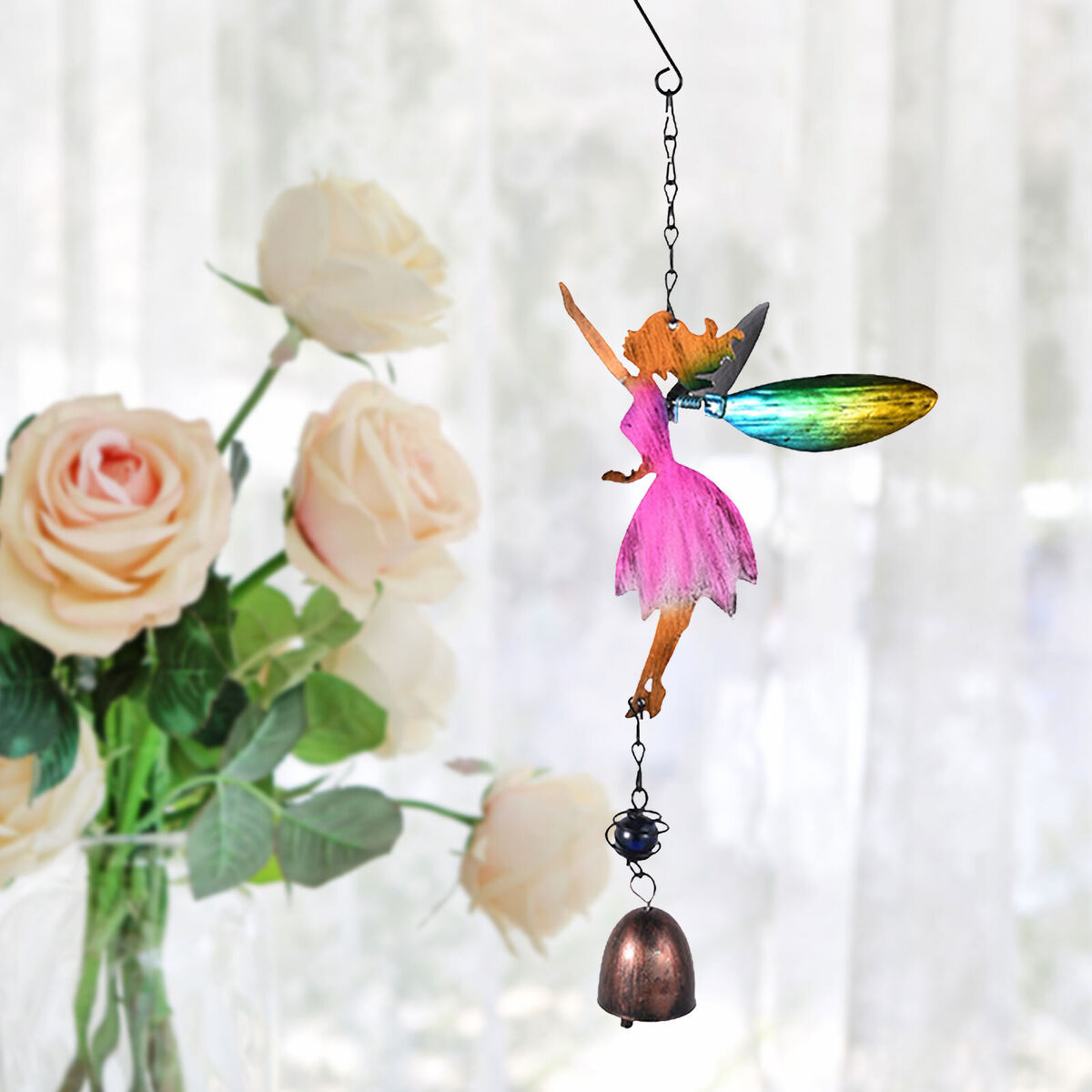 Fairy Angel Wind Chimes Metal Art Wind Bell for Indoor Outdoor Yard (Pink)