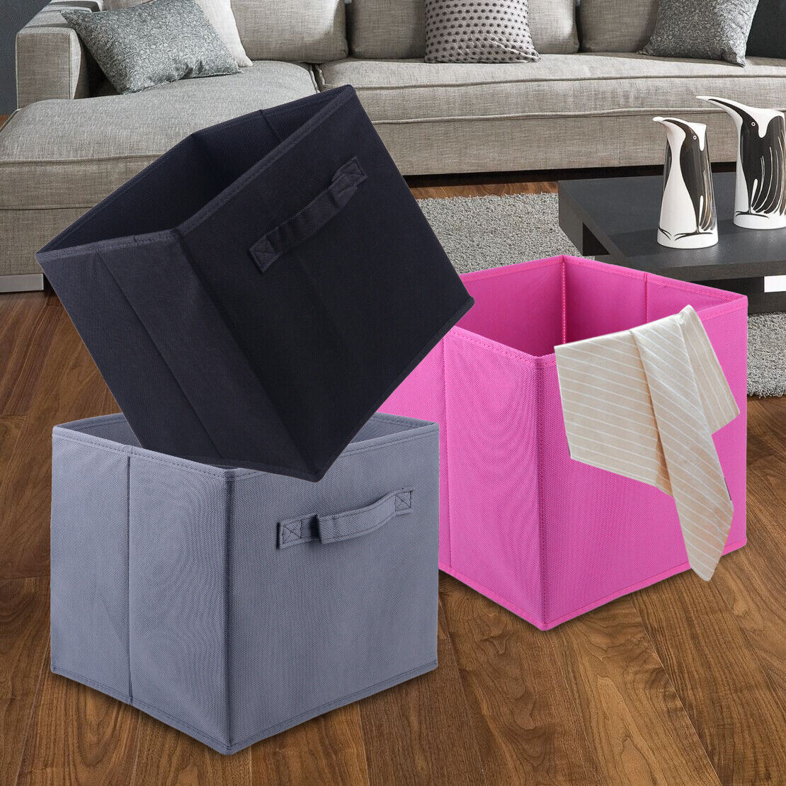 BLACK Square Foldable Fabric Storage Box Collapsible Home Clothes Organizer Li