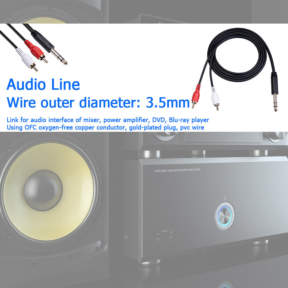 2 RCA to 1/4 inch 6.35mm TRS Stereo Audio Cable Male to Male 1.5m/4.9ft