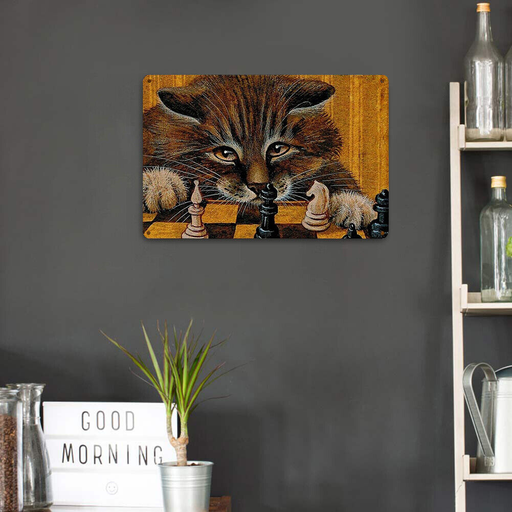 Playing Chess Cat Metal Plate Tin Sign for Bar Pub Club Cafe Wall Art Decor