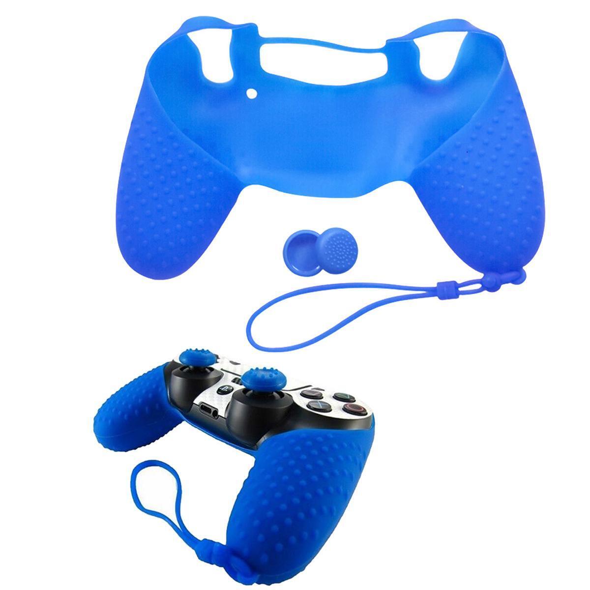 Anti-slip Grip Handle Cover Lanyard 2 Thumbstick Caps for Sony PS4 (Blue)
